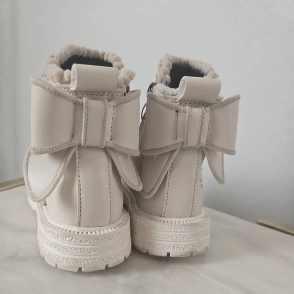 Girls Bow Decor Thermal Lined Beige Ankle Boots With Slide Zipper US 10-10.5